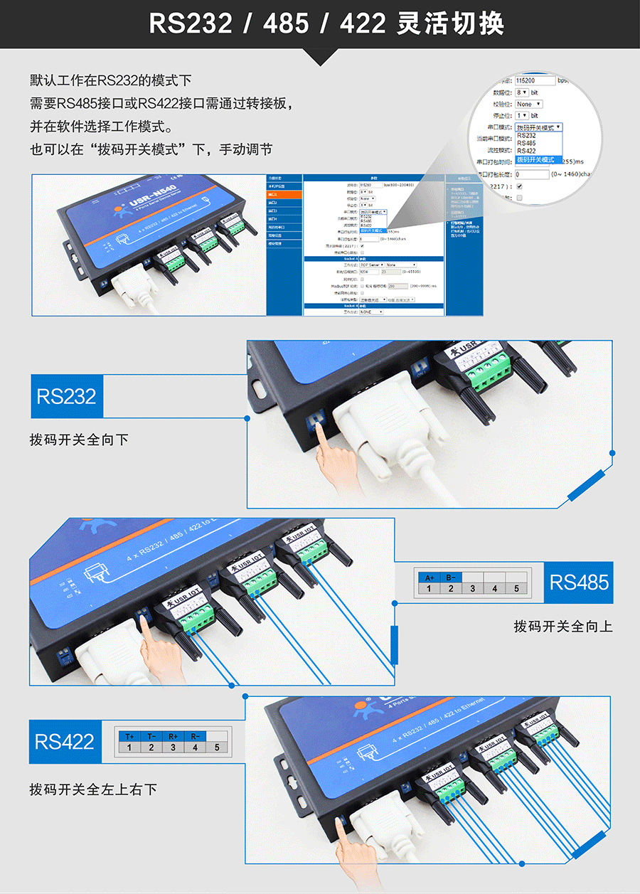 工業級四串口服務器撥碼開關